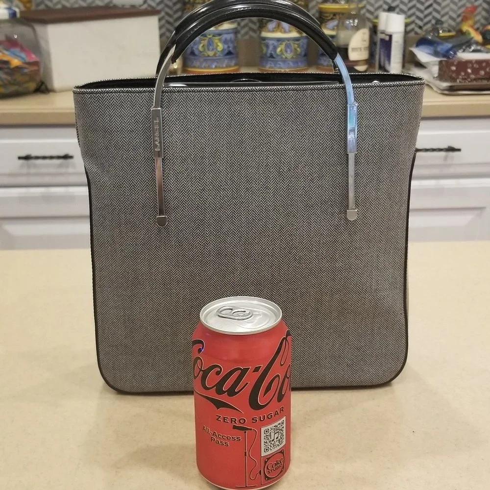 RARE LANCEL PARIS LOGO HERRINGBONE GRAY BLACK LEATHER SILVER HANDBAG BAG PURSE